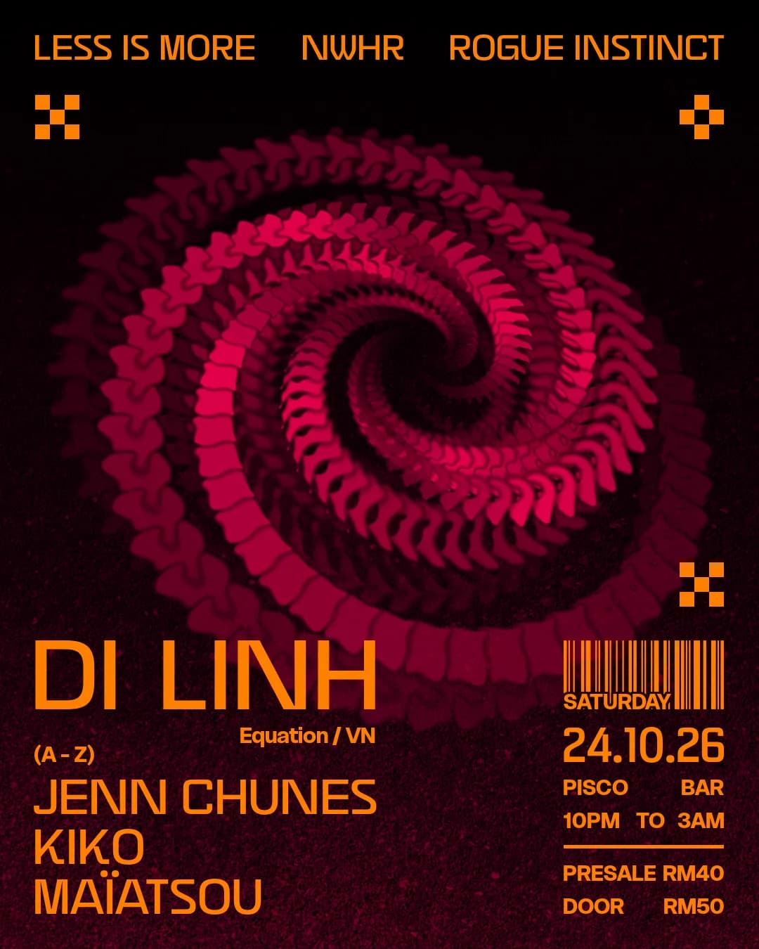 Poster: Rogue Instinct x NWHR x Less Is More: Di Linh (Equation,VN), Jenn Chunes, Kiko, Maïatsou